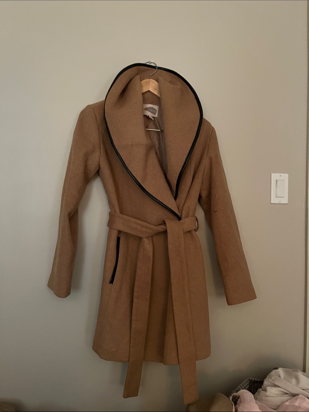 Show stopping high collar Camel Trench Coat with Black Trim